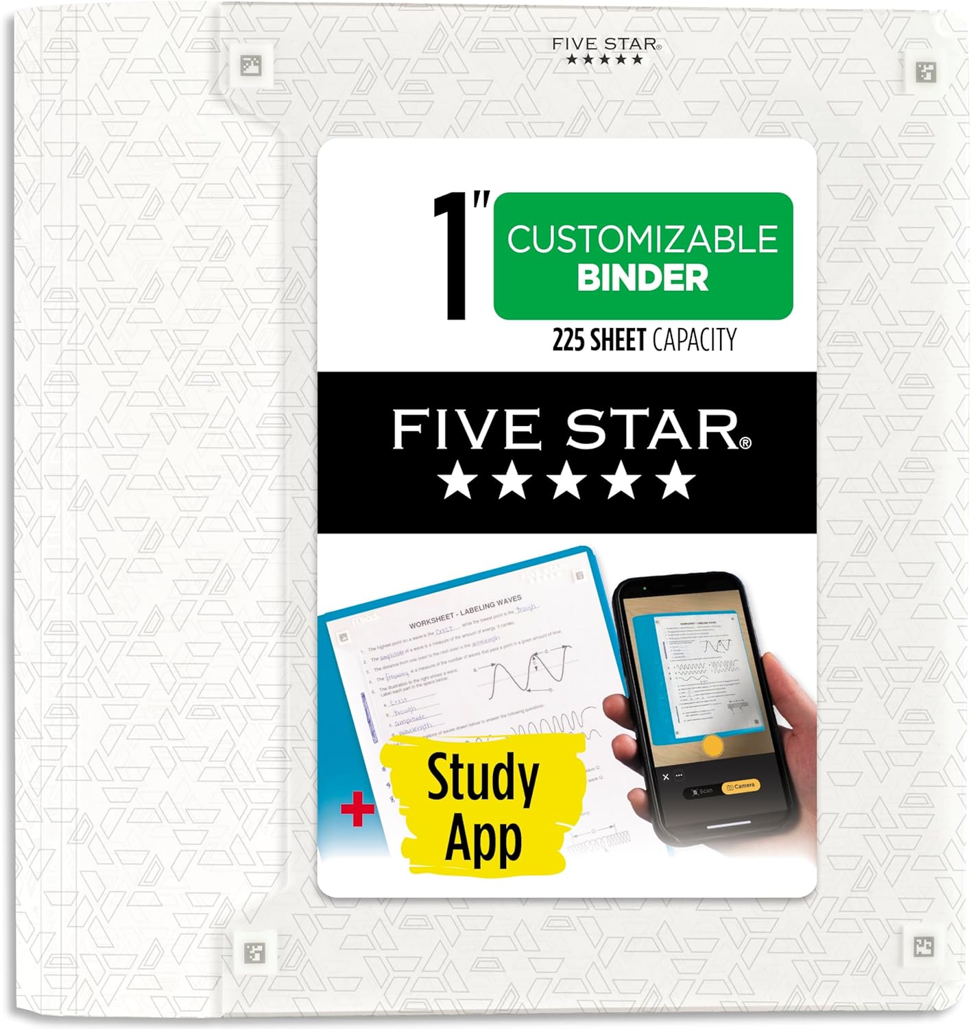 Five Star 3-Ring Binder + Study App, 1-1/2 Inch Binder with D Rings and Customizable Clear View Cover, 375 Sheet Capacity, White (261460A-ECM)