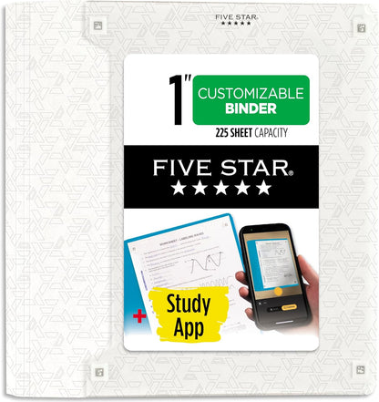 Five Star 3-Ring Binder + Study App, 1-1/2 Inch Binder with D Rings and Customizable Clear View Cover, 375 Sheet Capacity, White (261460A-ECM)