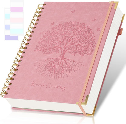 Spiral Notebook, College Ruled Notebook, 8" x 10", 300 Pages Leather Journals for Writing, B5 Hardcover Journaling Notebooks for Work School, 24pcs Tabs, Large Embossed Journal for Women Men, Black