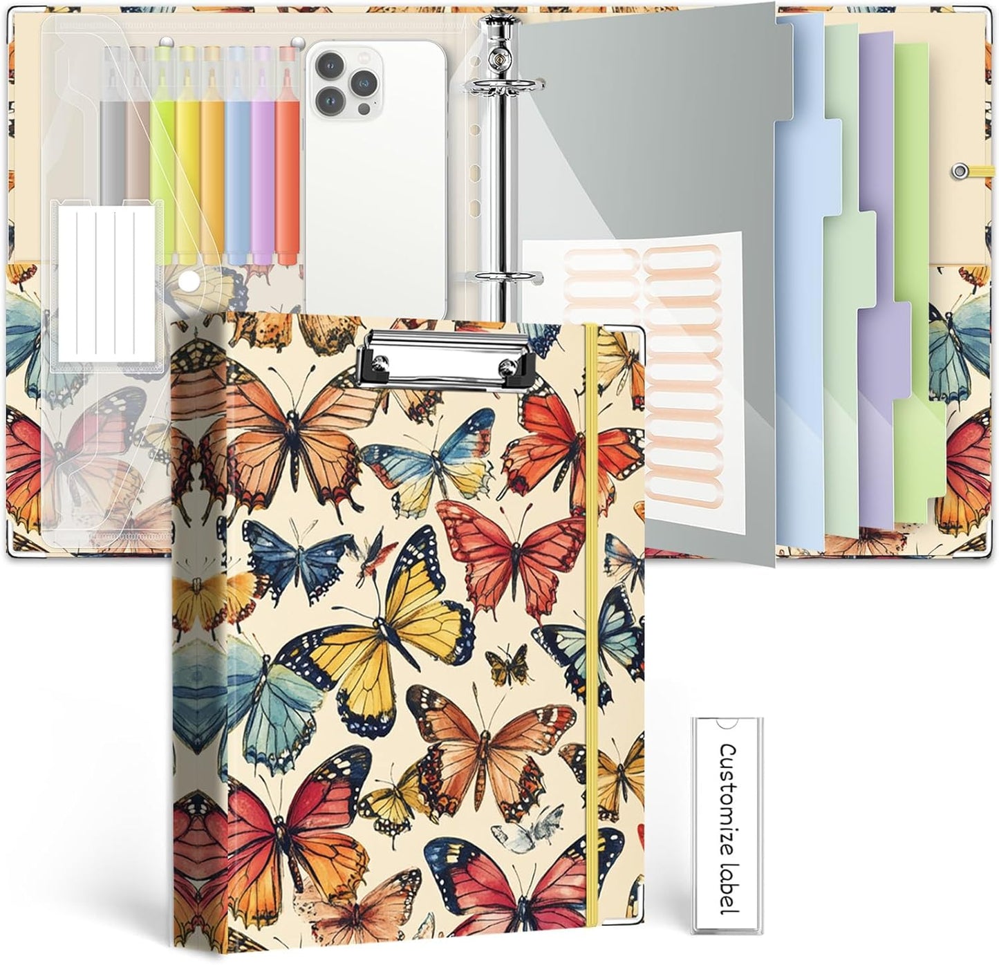3 Ring Binder 1 Inch, Three Ring Binders Organizer with Clipboard, 5-Tabs Pockets Dividers, Plastic Folder, 18 Divider Stikers, BVSSX Pretty Binder with Pen Loop (Black Weeds, Letter Size)