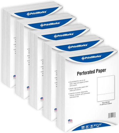 PrintWorks Professional 3 2/3" Horizontal Perforated Paper 8.5” x 11” - Perfect For W-2, 1099, & Statement Use - Made in the USA - 500 Sheets - 20 lb - Printer Compatible - White (04124)