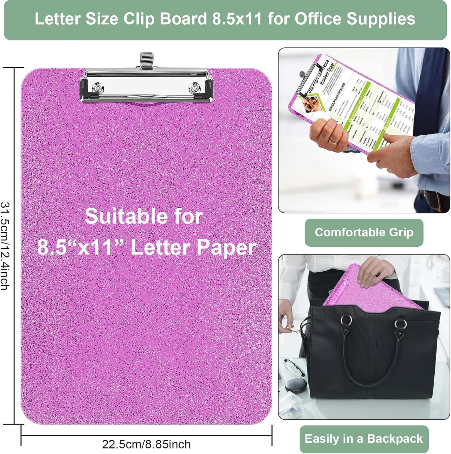 SFLHHDM 1 Pcs Clear Glitter Clipboards, Plastic Clipboard with Pen Holder, Size 8.85 x 12.4 in Shiny Clipboards with Low Profile Clip, Cute Hanging Clipboard for Office School Sparkly Clip Board-Pink