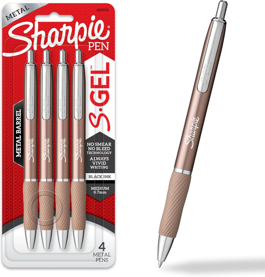 Sharpie S-Gel Pens, Sleek Metal Barrel, Gunmetal, Medium Point (0.7mm), Black Gel Ink, 4 Count