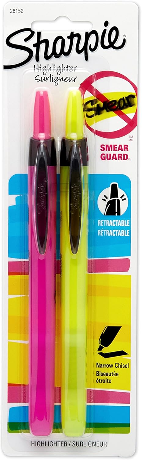 SHARPIE 28152PP Retractable Highlighter, Smearguard Technology, Vivid and High Contrast Colors, Pack of 1 Blister Including 2 Highlighters