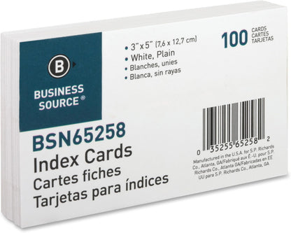 Business Source Plain Index Cards, White, 5 X 8