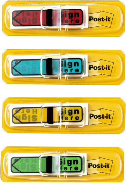 Post-it Message Sign Here Flags, 30/Dispenser, 4 Dispensers/Pack, .47 in Wide, Assorted Colors (684-SH)