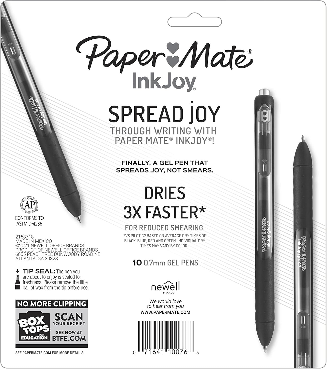 Paper Mate InkJoy Gel Pens, Black, Medium Point (0.7mm), Comfort Grip, 10 Count - Fast Drying Ink, Smooth Writing, Office Supplies