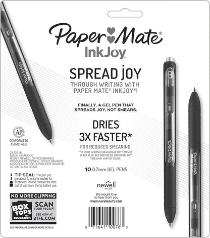 Paper Mate InkJoy Gel Pens, Black, Medium Point (0.7mm), Comfort Grip, 10 Count - Fast Drying Ink, Smooth Writing, Office Supplies