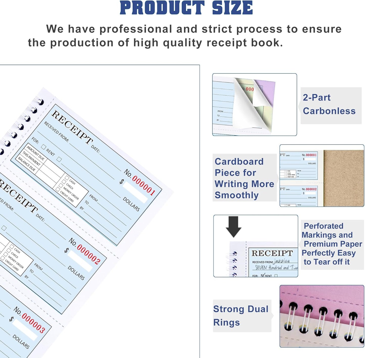 Zzrywuty Money and Rent Receipt Book with Cardboard Insert,2-Part Carbonless,5.3”x11.2” Spiral Bound,200 Sets per Book,4 Receipts per Page for Office Supplier,Rent and Cash Transaction
