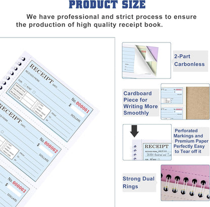 Zzrywuty Money and Rent Receipt Book with Cardboard Insert,2-Part Carbonless,5.3”x11.2” Spiral Bound,200 Sets per Book,4 Receipts per Page for Office Supplier,Rent and Cash Transaction