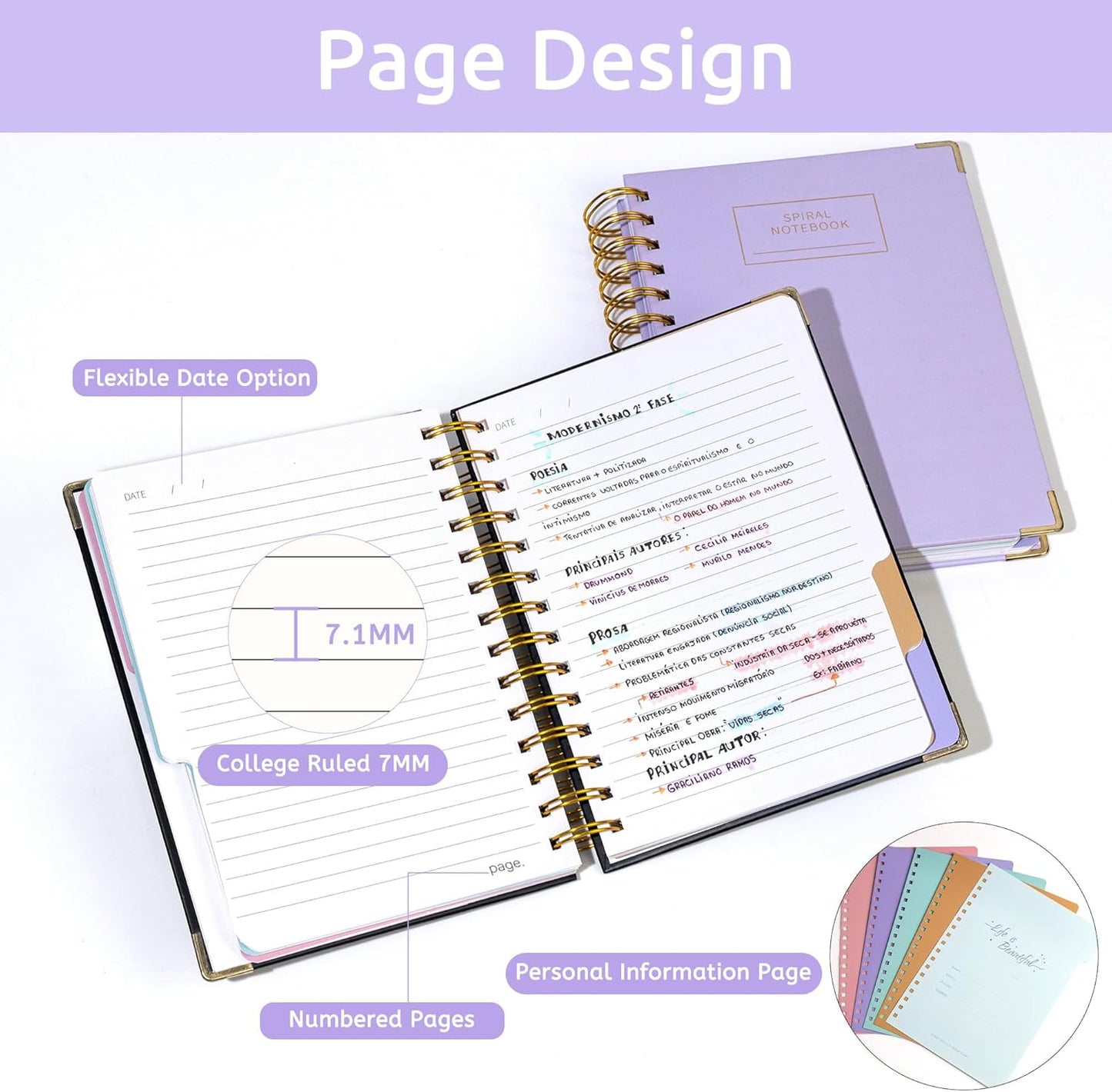 Hardcover Spiral Notebook with Tabs 8"x10" Large Spiral Lined Journals for Women with Dividers 240 Pages College Ruled Composition Notebook 5 Subject Notebook for Work, Back to School, Gifts, Purple