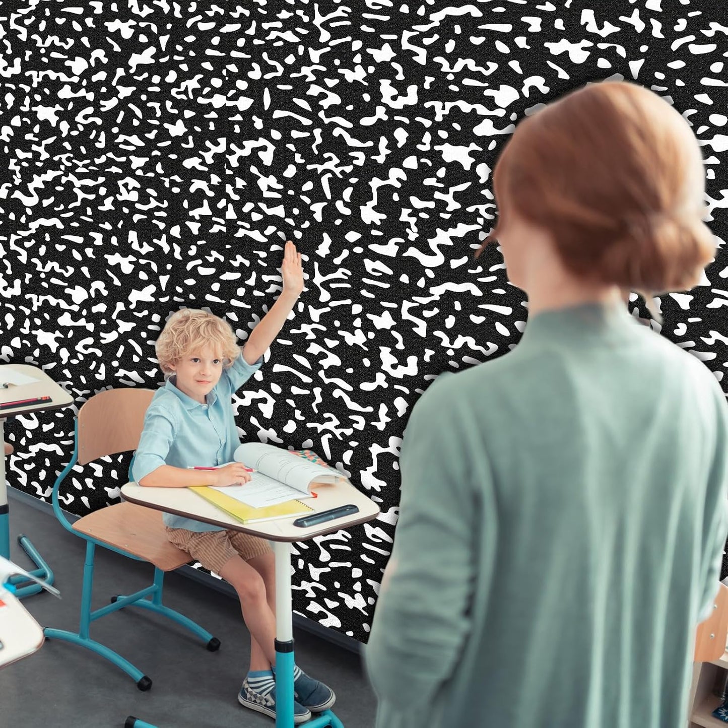 Drydiet Composition Notebook Bulletin Board Roll 1. 4 x 10 Ft/ 17 x 120 Inches, Peel and Stick Composition Classroom Decor, Back to School Black and White Bulletin Board Paper Background Waterproof