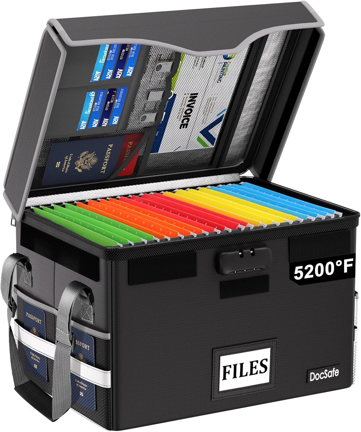 DocSafe Fireproof Document Box with Lock, File Storage Organizer with Mesh Pockets, Collapsible Portable File Box Home Office Safe Filing Cabinet with Handle for Hanging Letter/Legal Folder, Black