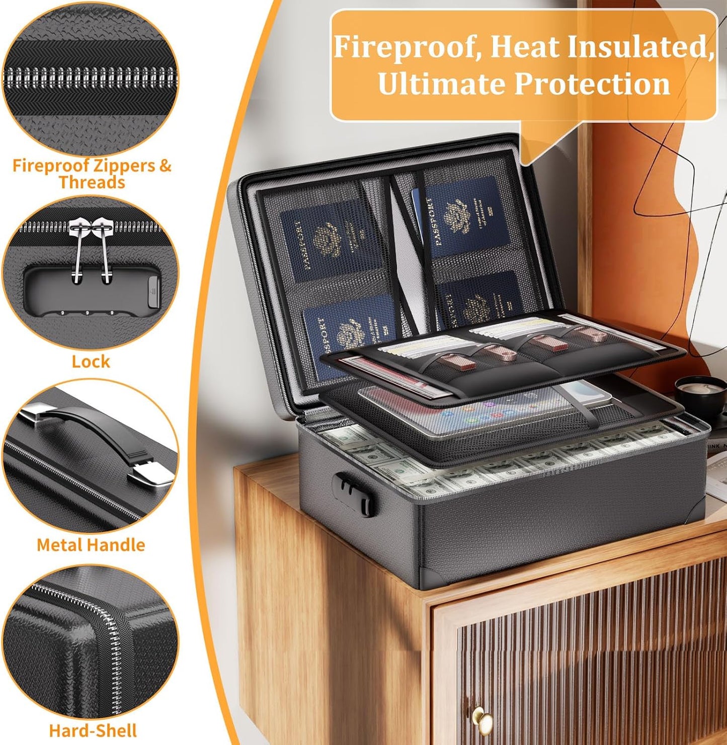 DocSafe 5200°F Document Organizer with Lock, Upgraded Heat Insulated Fireproof＆Water-Resistant Box 8 Layers File Organizer, Portable Home Travel Safe Storage for Important Documents and More