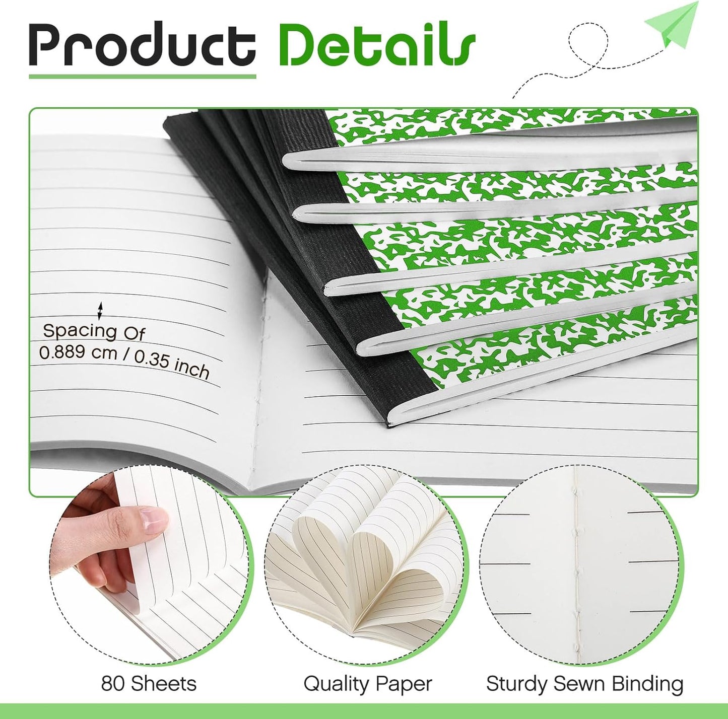 Fainne 20 Pieces Composition Notebooks 80 Pages Half Size Wide Ruled 4-7/8 x 7-1/2" Composition Books 11/32" Spacing Assorted Primary Covers Bulk(Green,Snowflake)