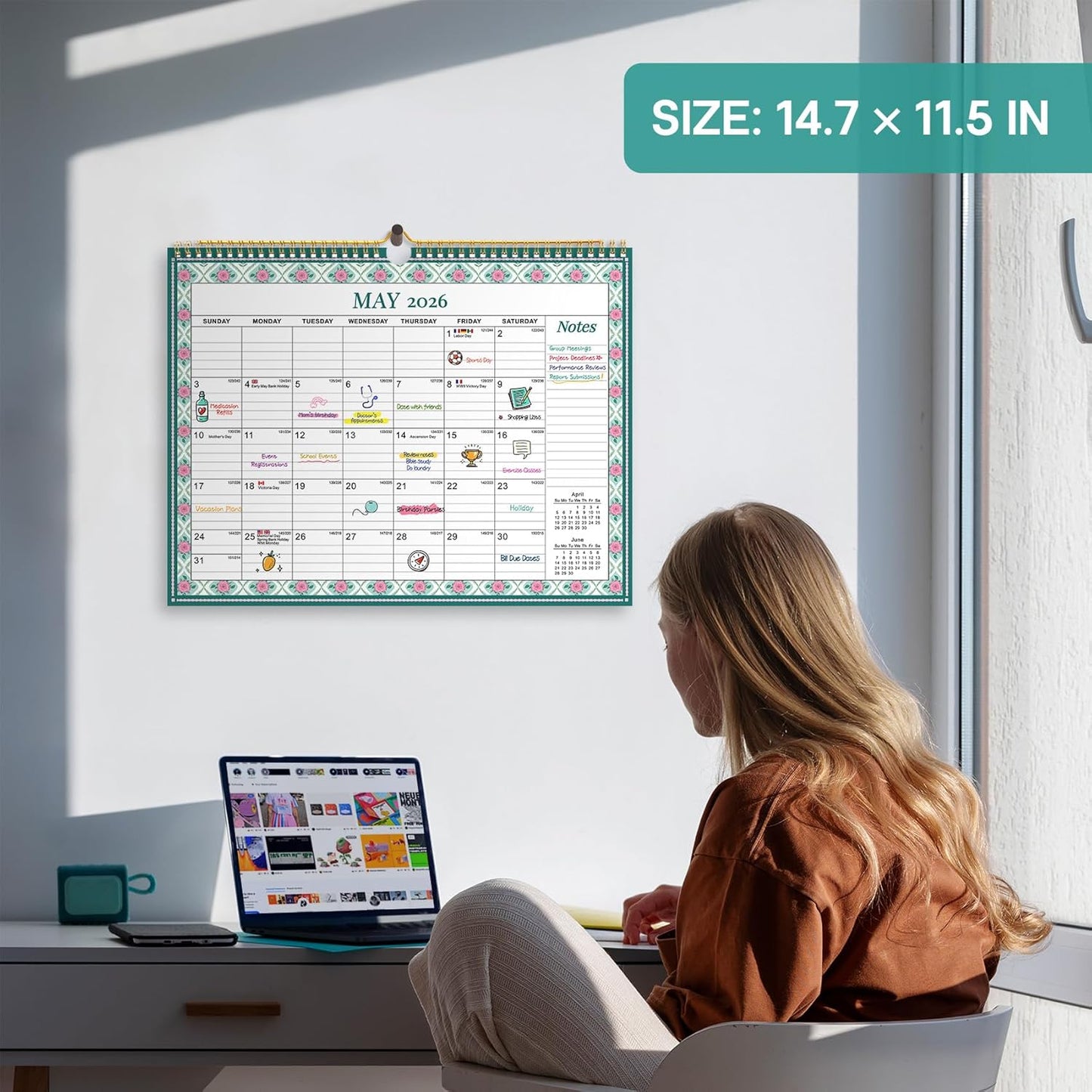 Calendar 2026-2027, Monthly Wall Calendar Runs Until June 2027, 11.5" x 14.8", Spiral Binding Hanging Wall Calendar, Perfect for Home or Office,Floral