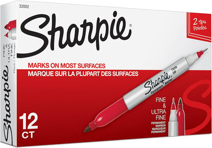 Sharpie Twin Tip Permanent Markers, Fine and Ultra Fine, Black, 12 Count