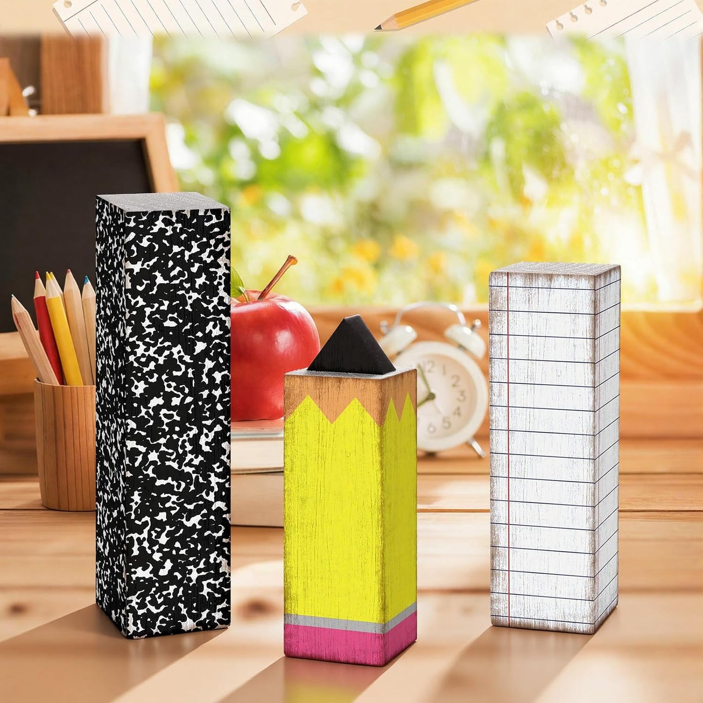GlikCeil 3 Pcs Teacher Appreciation Week Table Decorations Wooden Classroom Decor Wood Pencil Notebook Paper Tiered Tray Decor for Teacher Desk, Back to School Party, Classroom Shelf