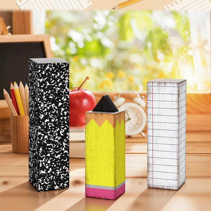 GlikCeil 3 Pcs Teacher Appreciation Week Table Decorations Wooden Classroom Decor Wood Pencil Notebook Paper Tiered Tray Decor for Teacher Desk, Back to School Party, Classroom Shelf