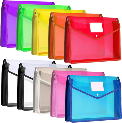 10 Pieces Plastic File Folders Envelope Expanding File Wallet Organizer Documents Folder with Snap Closure and Pocket, A4 Size Waterproof Transparent Pouch(White,Horizontal)