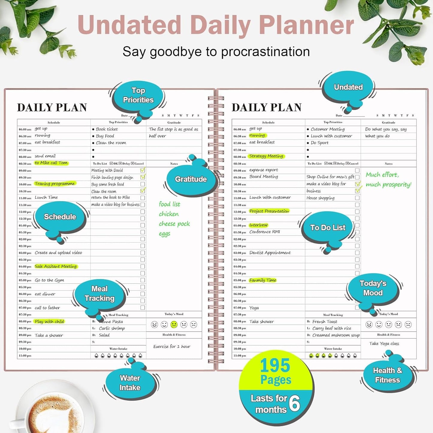 Daily Planner Undated, Asten To Do List Notebook Hourly Schedules Spiral Appointment Planner for Men and Women,PVC Hardcover,Elastic Closure, Inner Pocket 8.3" x 5.8" (Black)