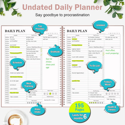 Daily Planner Undated, Asten To Do List Notebook Hourly Schedules Spiral Appointment Planner for Men and Women,PVC Hardcover,Elastic Closure, Inner Pocket 8.3" x 5.8" (Black)