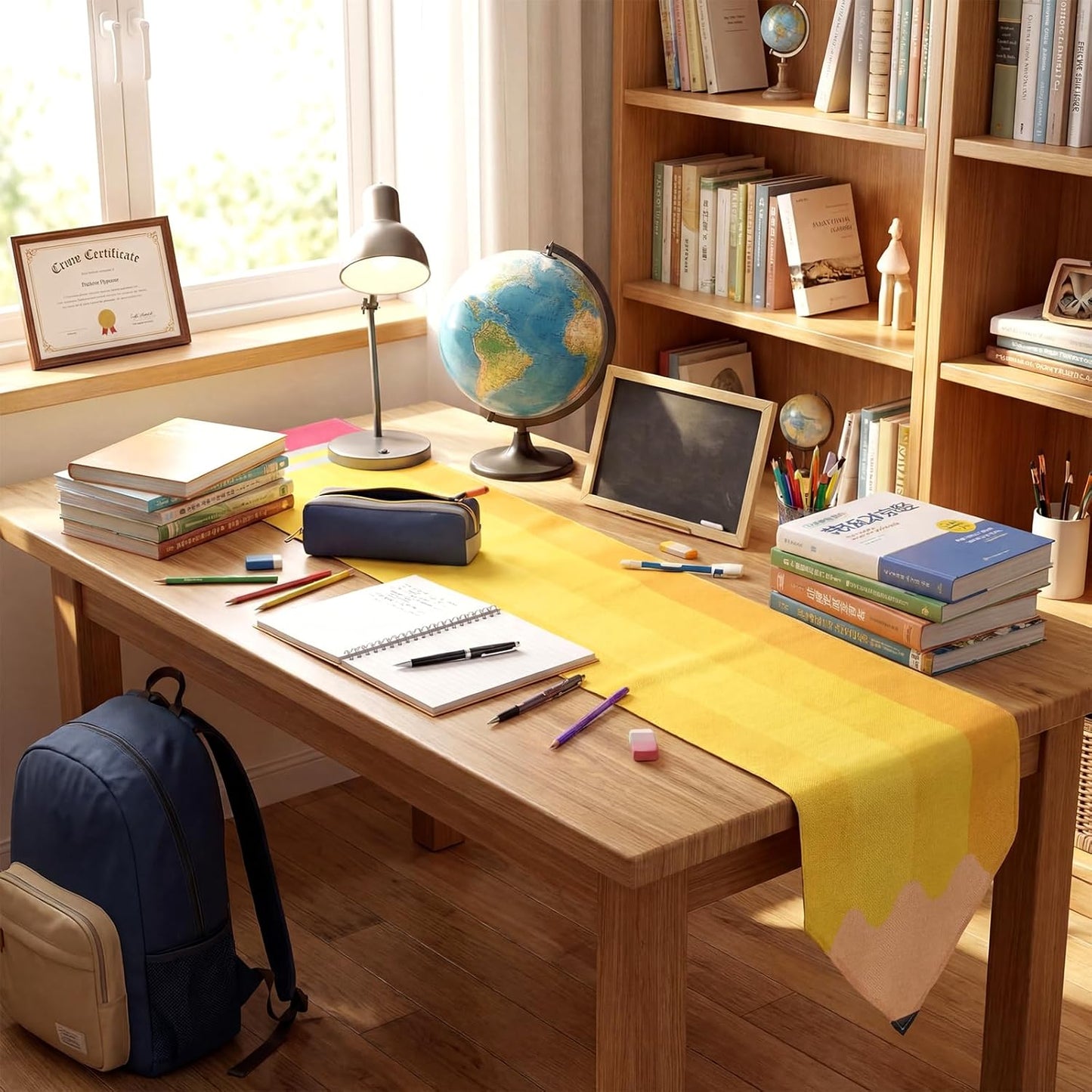 Breling 4 Pcs Preschool Graduation Decorations Table Runner Kindergarten Graduation Tablecloth Composition Pencil Crayon Ruler Notebook Table Runner for School Dining Room Classroom Party Decoration