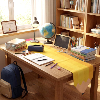 Breling 4 Pcs Preschool Graduation Decorations Table Runner Kindergarten Graduation Tablecloth Composition Pencil Crayon Ruler Notebook Table Runner for School Dining Room Classroom Party Decoration