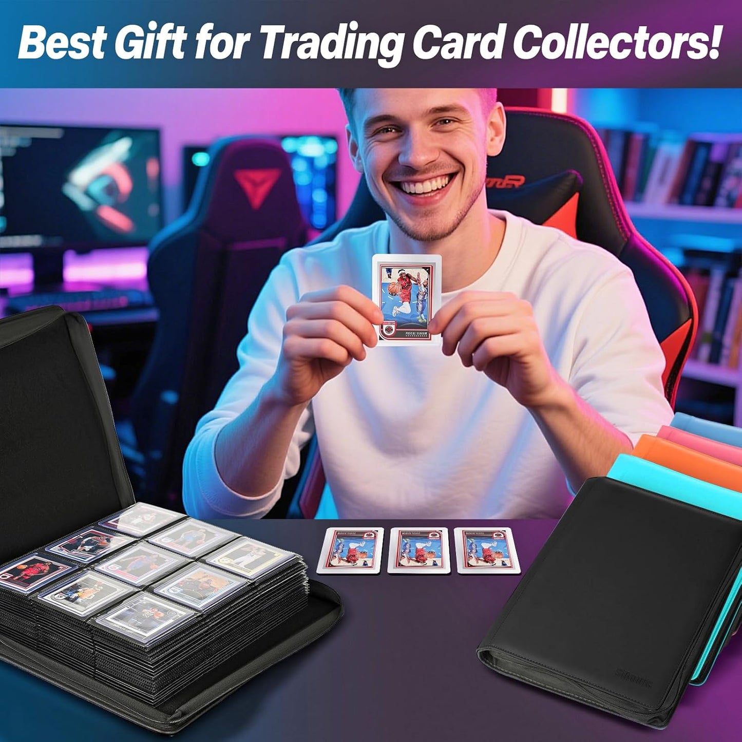 9 Pocket TopLoader Binder, Holds 360 3”x4” Toploader Hard Cases, Sleeves Card Collection Binder, 20 Double Sided Pages, Compatible with Trading & Sports Holder - Black