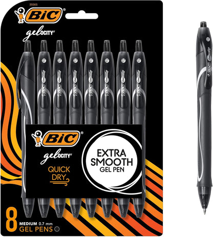 BIC Gelocity Quick Dry Black Gel Pens, Medium Point (0.7mm), 8-Count Pack, Retractable Gel Pens With Comfortable Full Grip