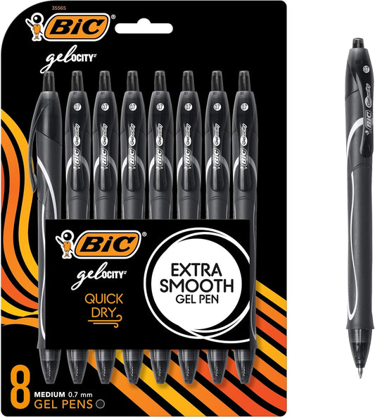 BIC Gelocity Quick Dry Black Gel Pens, Medium Point (0.7mm), 8-Count Pack, Retractable Gel Pens With Comfortable Full Grip