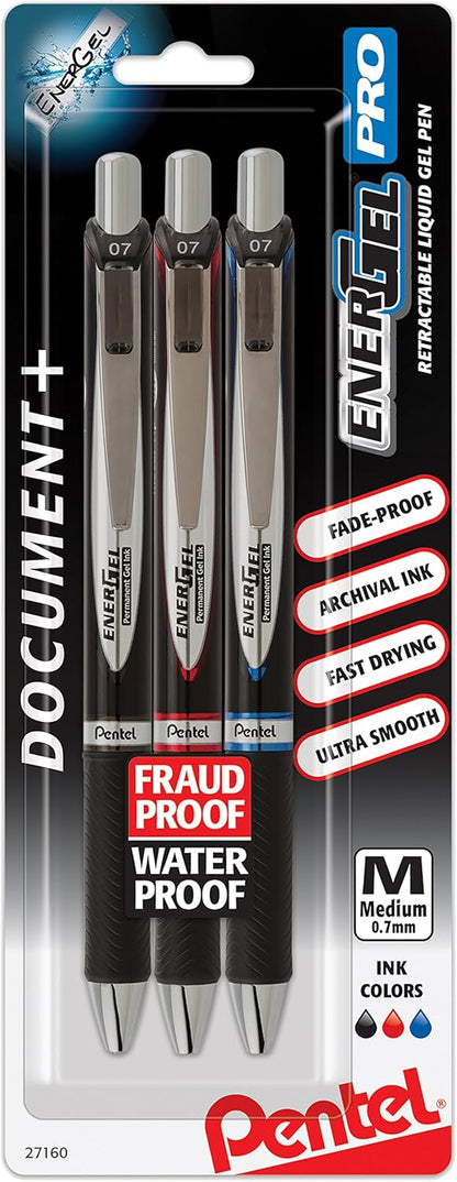 Pentel EnerGel Permanent Gel Ink Rollerball Pen, Black, 3 Pack (BLP77BP3A)