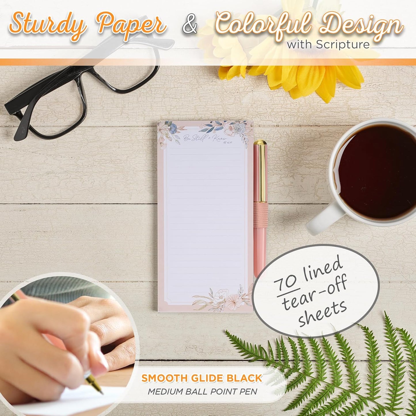 Christian Art Gifts Compact Magnetic Notepad & Medium Ballpoint Pen Set: Trust in the Lord Inspirational Scripture, Shopping Lists, Memos, Reminders, 70 Lined Easy Tear-off Sheets, Purple/Teal Floral