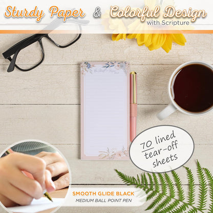 Christian Art Gifts Compact Magnetic Notepad & Medium Ballpoint Pen Set: Trust in the Lord Inspirational Scripture, Shopping Lists, Memos, Reminders, 70 Lined Easy Tear-off Sheets, Purple/Teal Floral