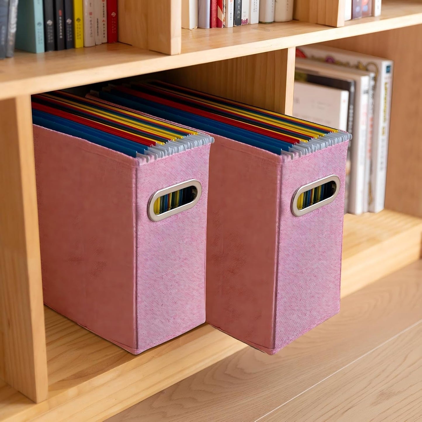 4 Pack Letter Size File Storage Box Collapsible, Fabric Hanging File Folders Organizer, Portable Office Document Holder with Metal Handle, Smooth PVC Rails, Beige