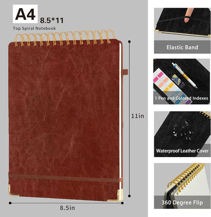 Top Spiral Notebook 8.5x11, A4 Large Leather Hardcover Top Bound Steno Pads, 240 Pages 100gsm Thick Lined Paper,Wide Ruled,Left Handed Notebook Journal for Work, School - Black