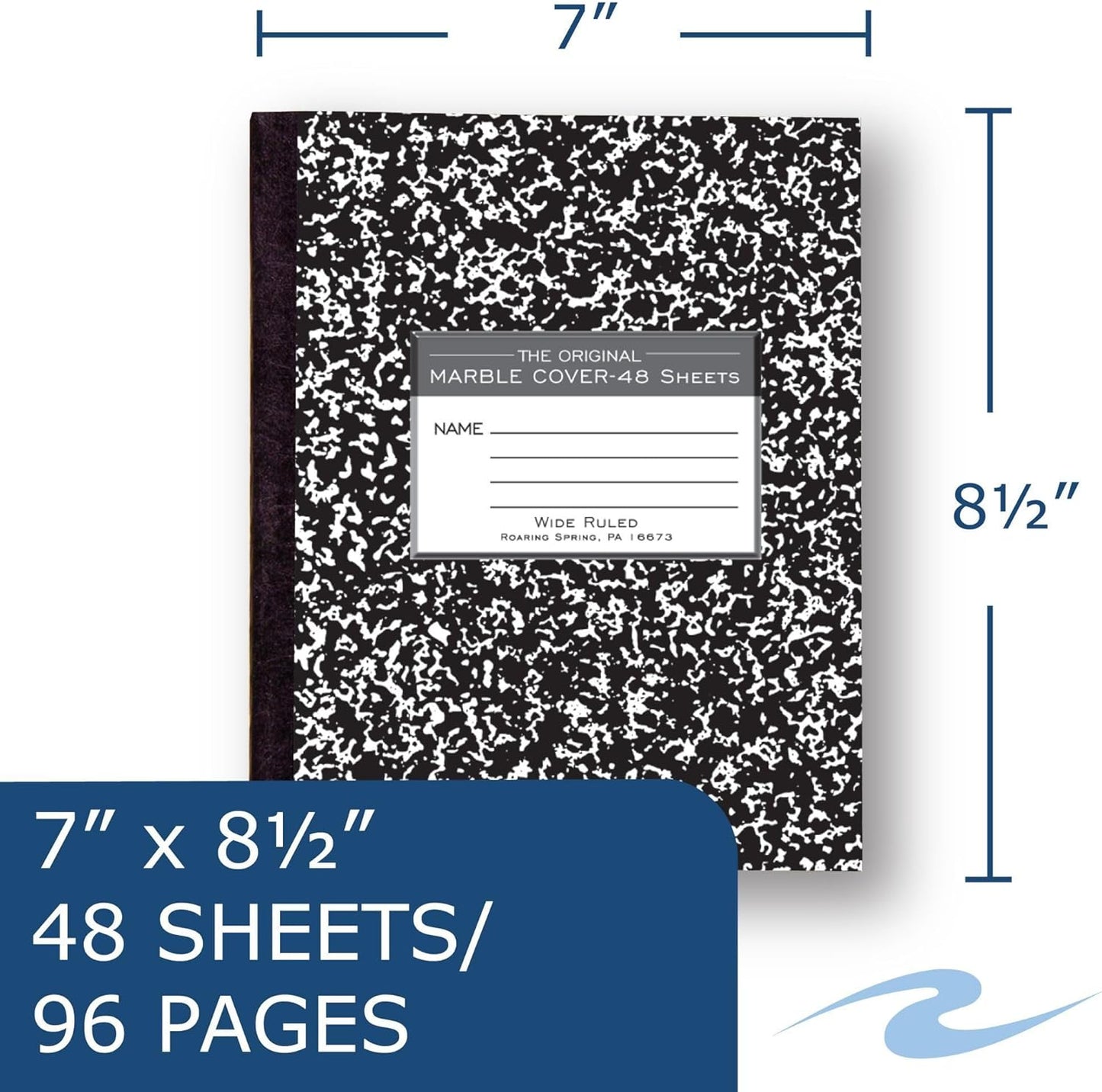 ROARING SPRING Flexible Cover Composition Notebook, 12 Books, Black Marble, Wide Ruled w/Margin, 48 Sheets (96 Pages), 8.5" × 7", Center-Sewn, Made in USA