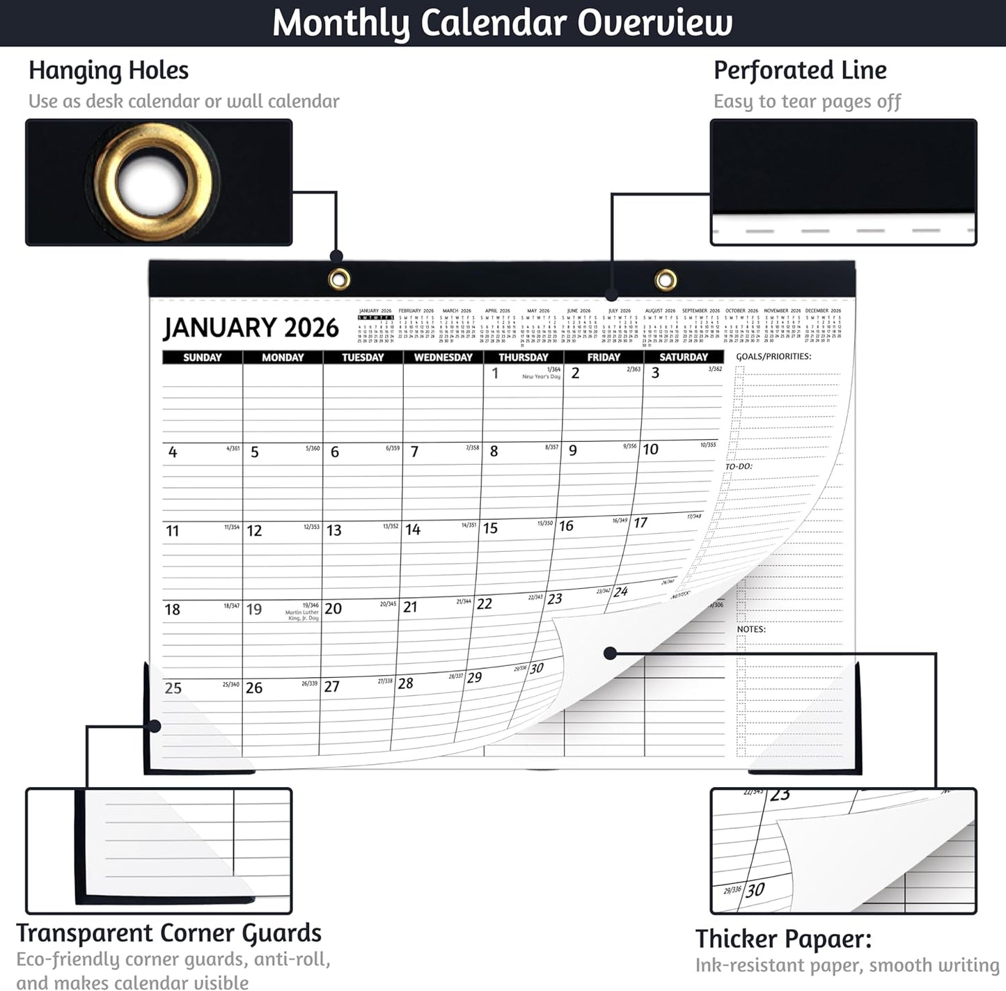 2026-2027 Desk Calendar – Run Now to MAR. 2027, 18 Monthly Desk Calendar 2026-2027 Large, 17'' x 12'', Best Desk/Wall Calendar 2026 with To-do Lists, Desk Pad, Ruled Blocks, Corner Protectors
