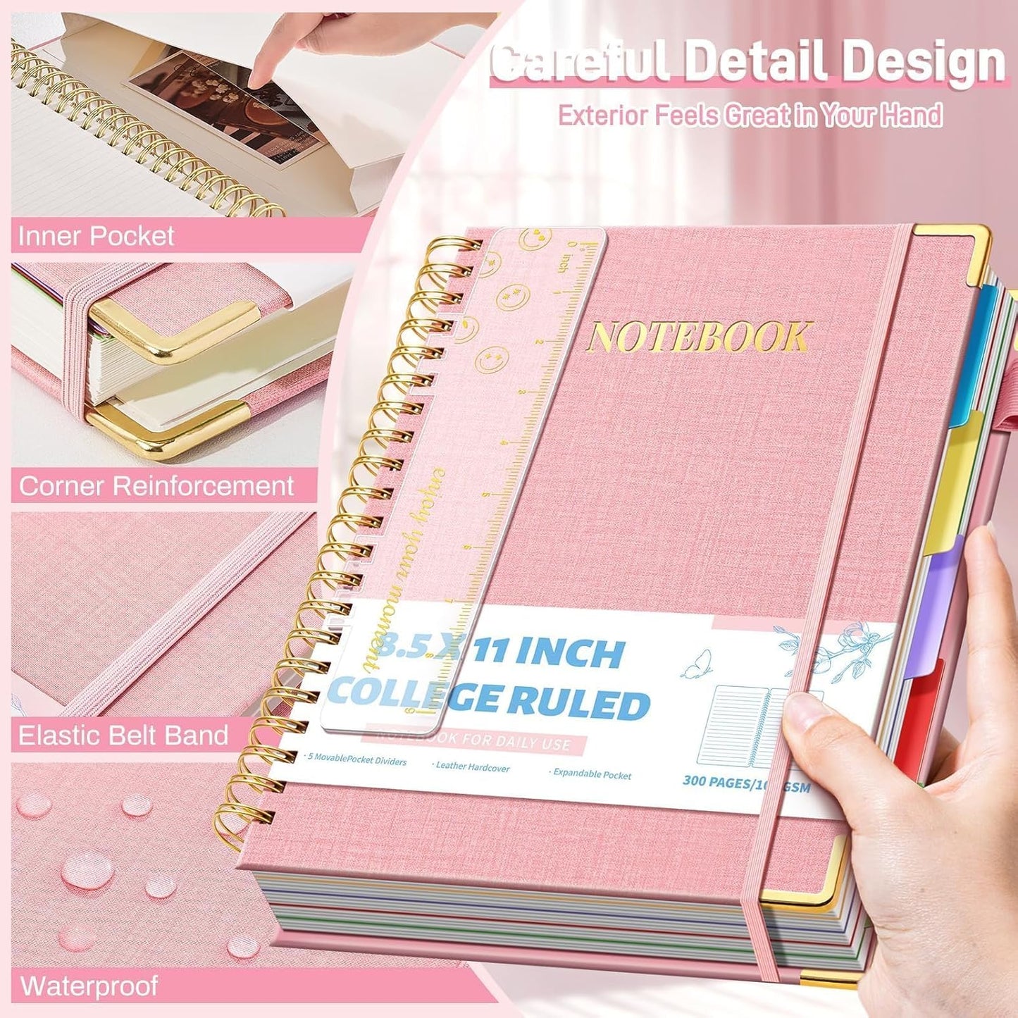 Ovesmusl Hardcover Spiral Notebook 8.5" x 11" with 5 Removable Dividers 300 Pages Leather 5 Subject Notebook College Ruled 100GSM Large Spiral Notebooks for Work Thick Lined Journal for Women, Green