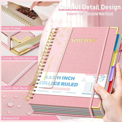 Ovesmusl Hardcover Spiral Notebook 8.5" x 11" with 5 Removable Dividers 300 Pages Leather 5 Subject Notebook College Ruled 100GSM Large Spiral Notebooks for Work Thick Lined Journal for Women, Green