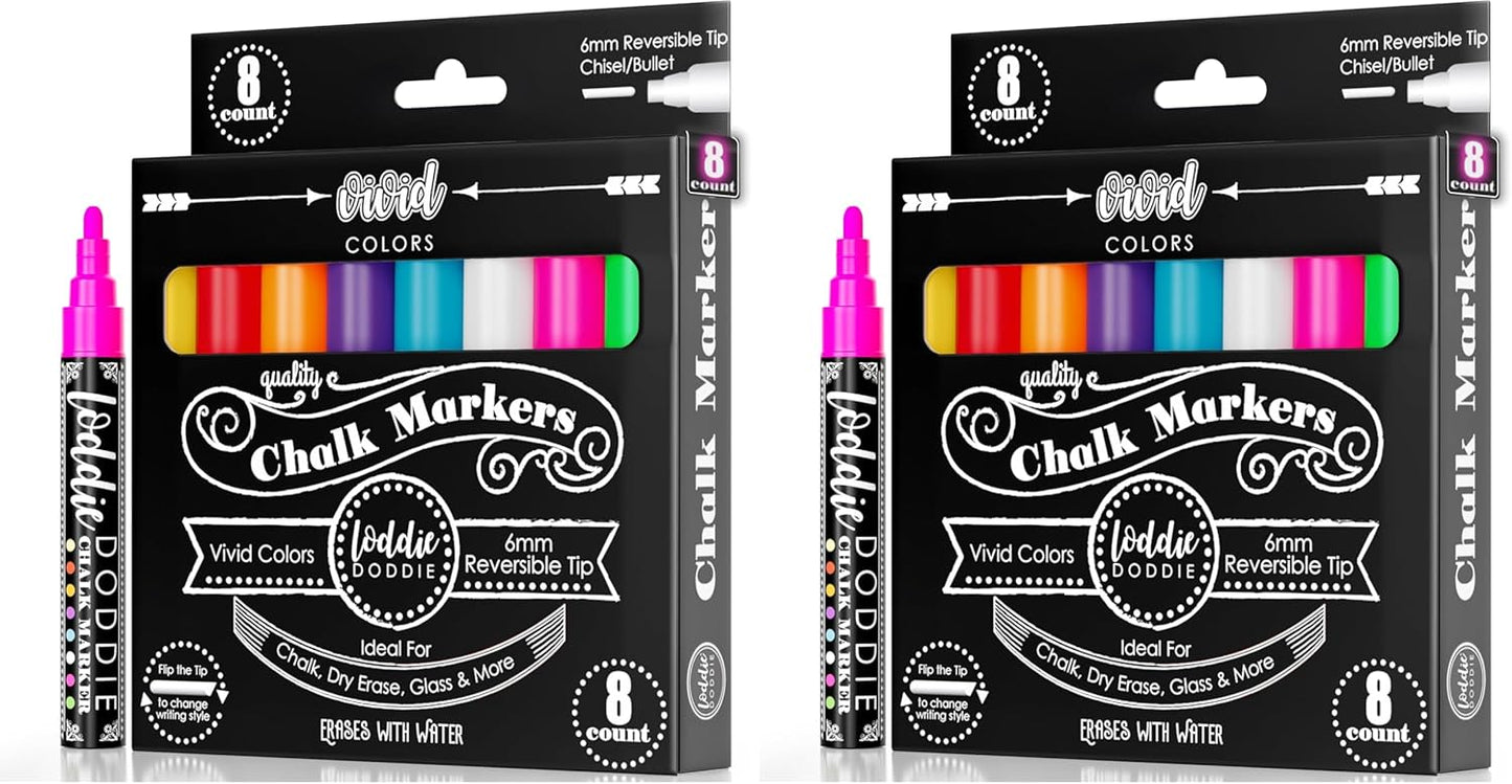 Loddie Doddie Liquid Chalk Markers - 8-Pack, 6mm Dual Tips - Chalk Markers for Blackboard & Chalkboard Paint - Washable Window Pens for Glass - Erasable Pens