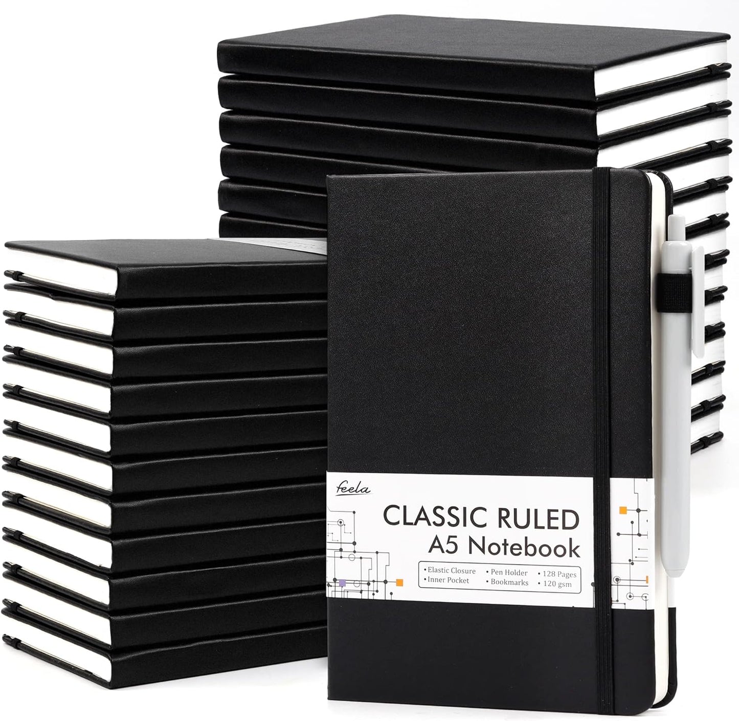 feela College Ruled Notebooks, 24 Pack Business Notebook Hardcover Lined Writing Journal with Pen Holder for Men Women Note Taking, with 24 Black Pens, 120 GSM, 5.1”x8.3”, A5, White