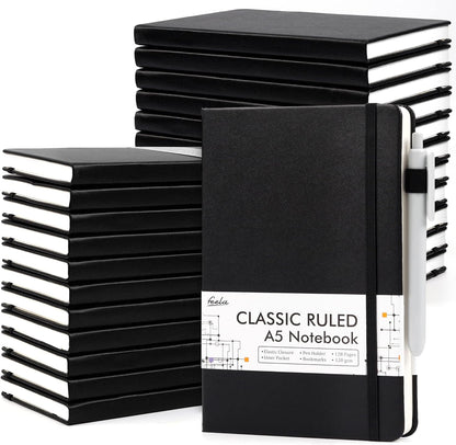 feela College Ruled Notebooks, 24 Pack Business Notebook Hardcover Lined Writing Journal with Pen Holder for Men Women Note Taking, with 24 Black Pens, 120 GSM, 5.1”x8.3”, A5, White
