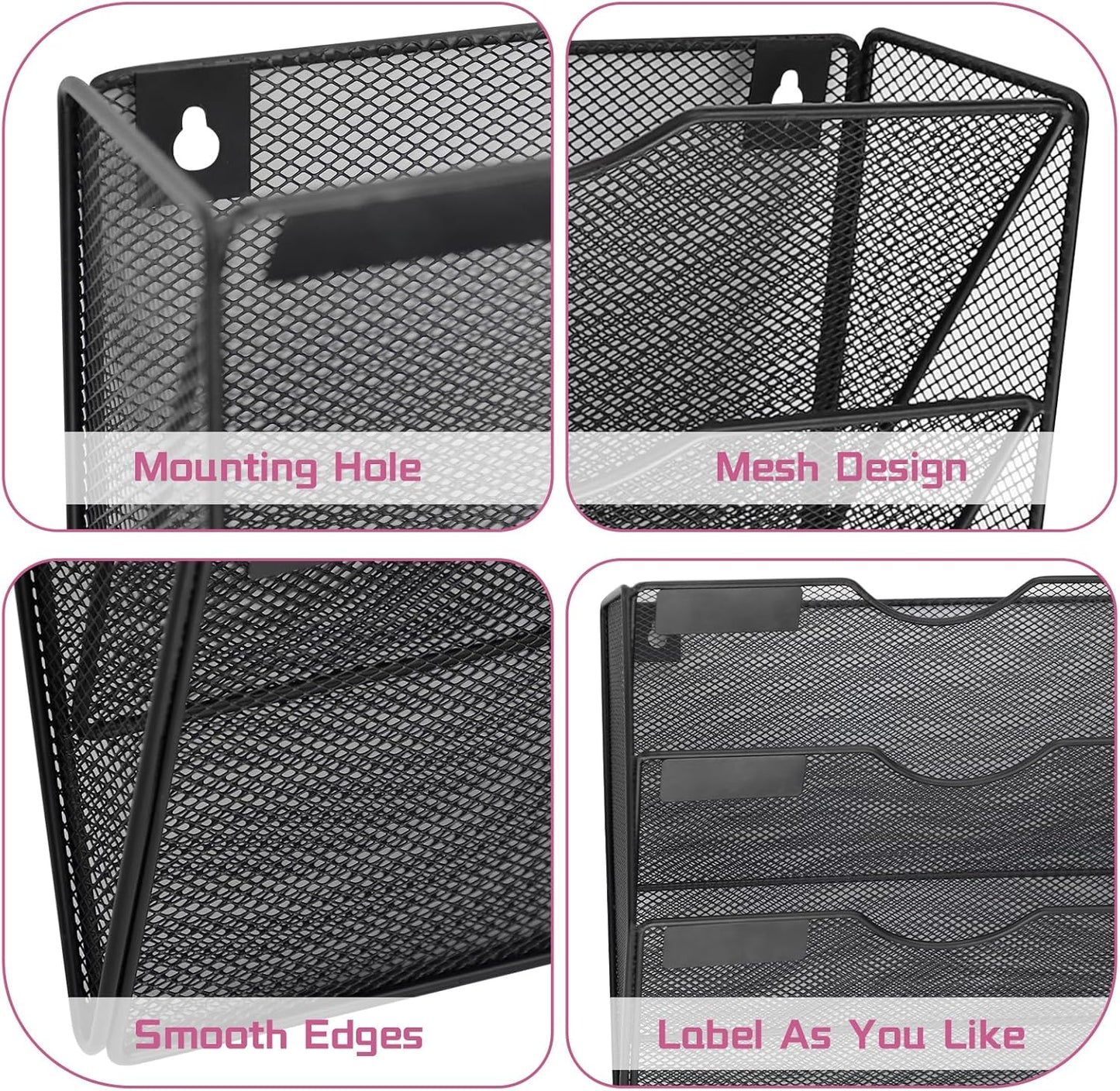 1 Pocket Mesh Wall File Holder Organizer Office Hanging File Folder Magazine Rack, Nametag Label Hooks Set Included (Black)