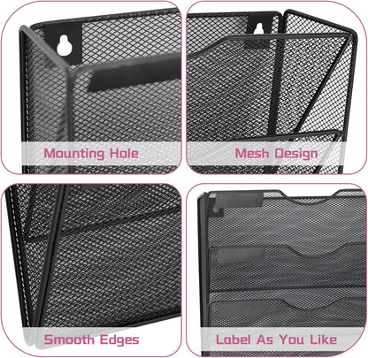 1 Pocket Mesh Wall File Holder Organizer Office Hanging File Folder Magazine Rack, Nametag Label Hooks Set Included (Black)
