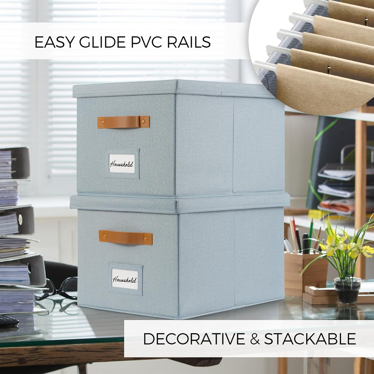 ZICOTO Decorative File Organizer Box Set of 2 - Collapsible Linen Filing Cabinets with Handles Are Perfect to Store All Your Documents & Hanging File Folders - Portable Easy Slide Crates with Lid