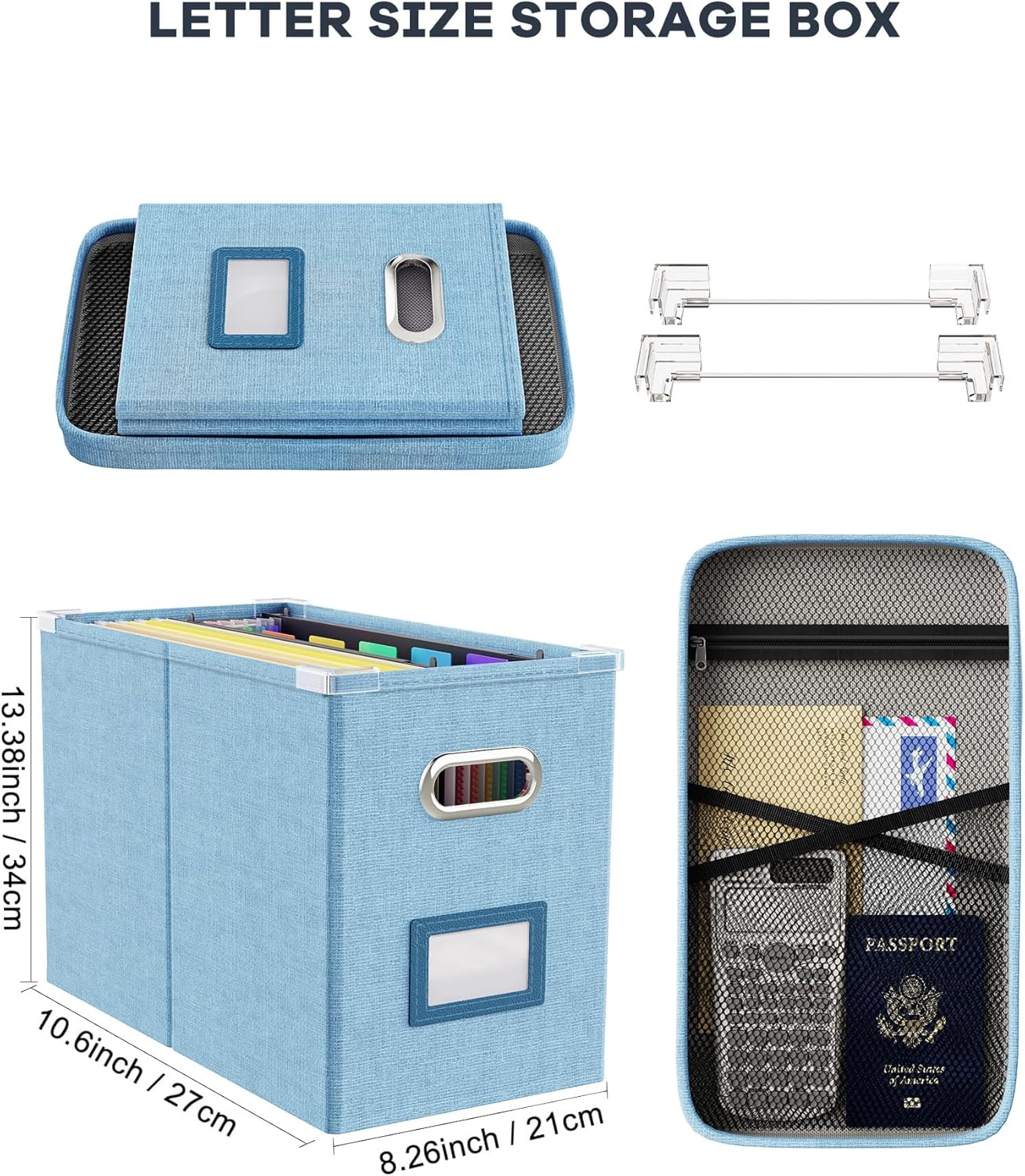 Oterri File Organizer Box with Lid, Hanging Filing File Box with Mesh Pocket, Document Organizer Box for Letter Files, Portable Storage Box with Smooth Sliding Rail for Office&Home (1 PCS, Beige)