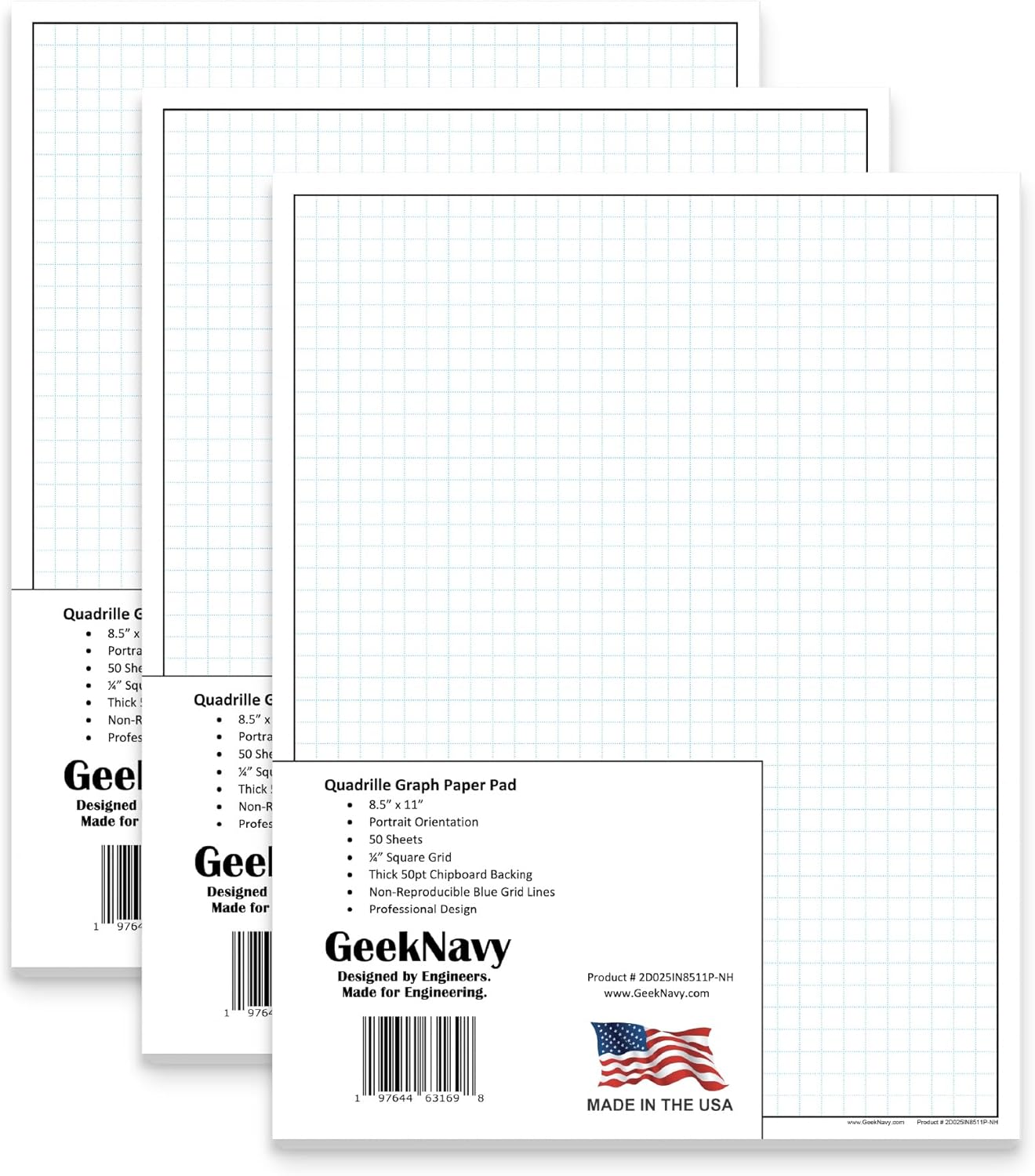 GeekNavy 11" x 17" Quadrille Graph Paper 50 Sheets Landscape - 0.25" 4x4 Square Grid, Blueprint, High Brightness, Border-Outlined, Large Drafting (1-Pack)