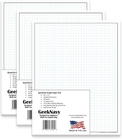 GeekNavy 11" x 17" Quadrille Graph Paper 50 Sheets Landscape - 0.25" 4x4 Square Grid, Blueprint, High Brightness, Border-Outlined, Large Drafting (1-Pack)