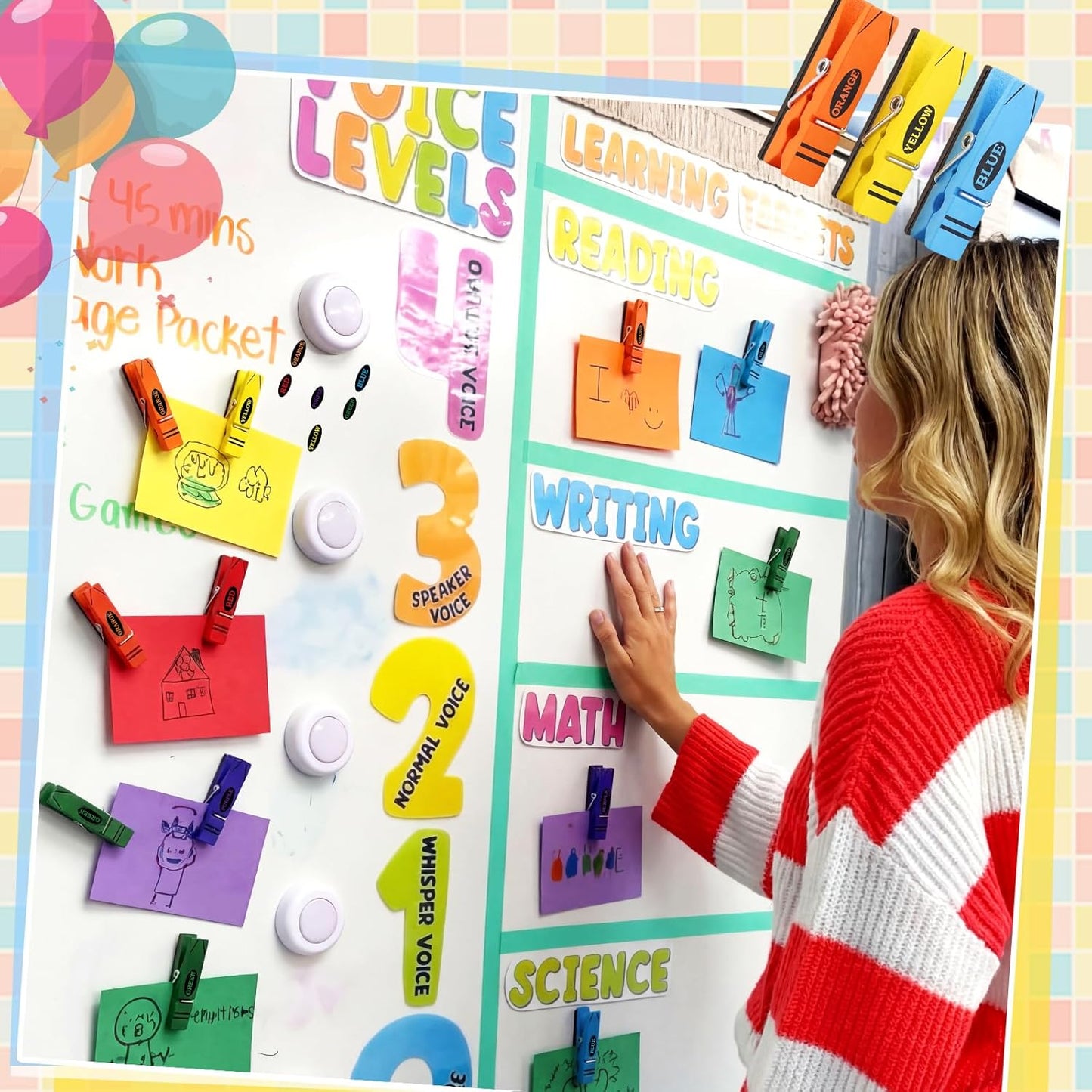 Bokon 48 Pcs Classroom Magnetic Wooden Clips Teacher Whiteboard Artworks Classroom Must Haves Decorative Magnetic Photo Paper Clips for Teacher Office Whiteboard Refrigerator Home Supplies